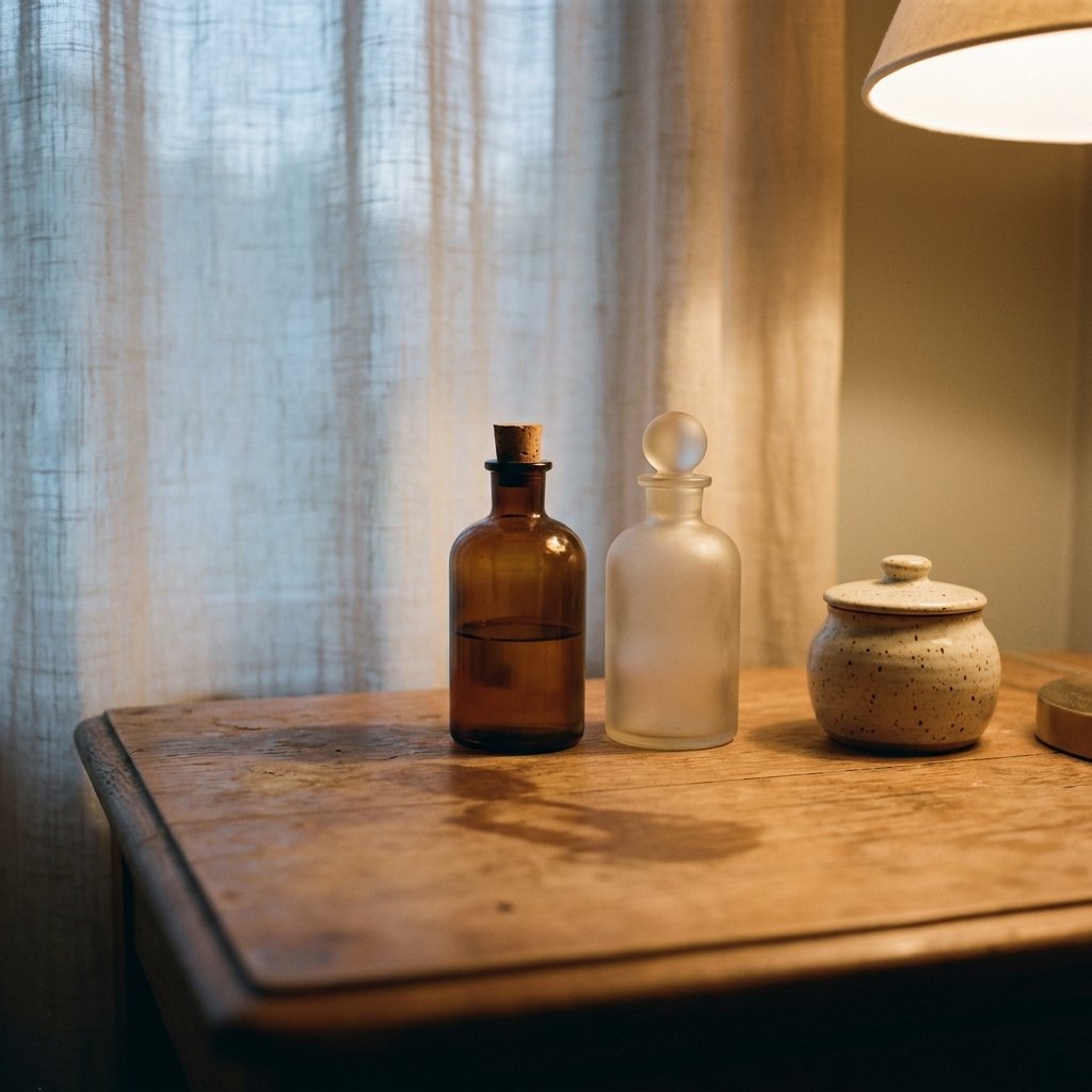 Soft candlelit vanity, glass bottles catching evening light, quiet atmosphere