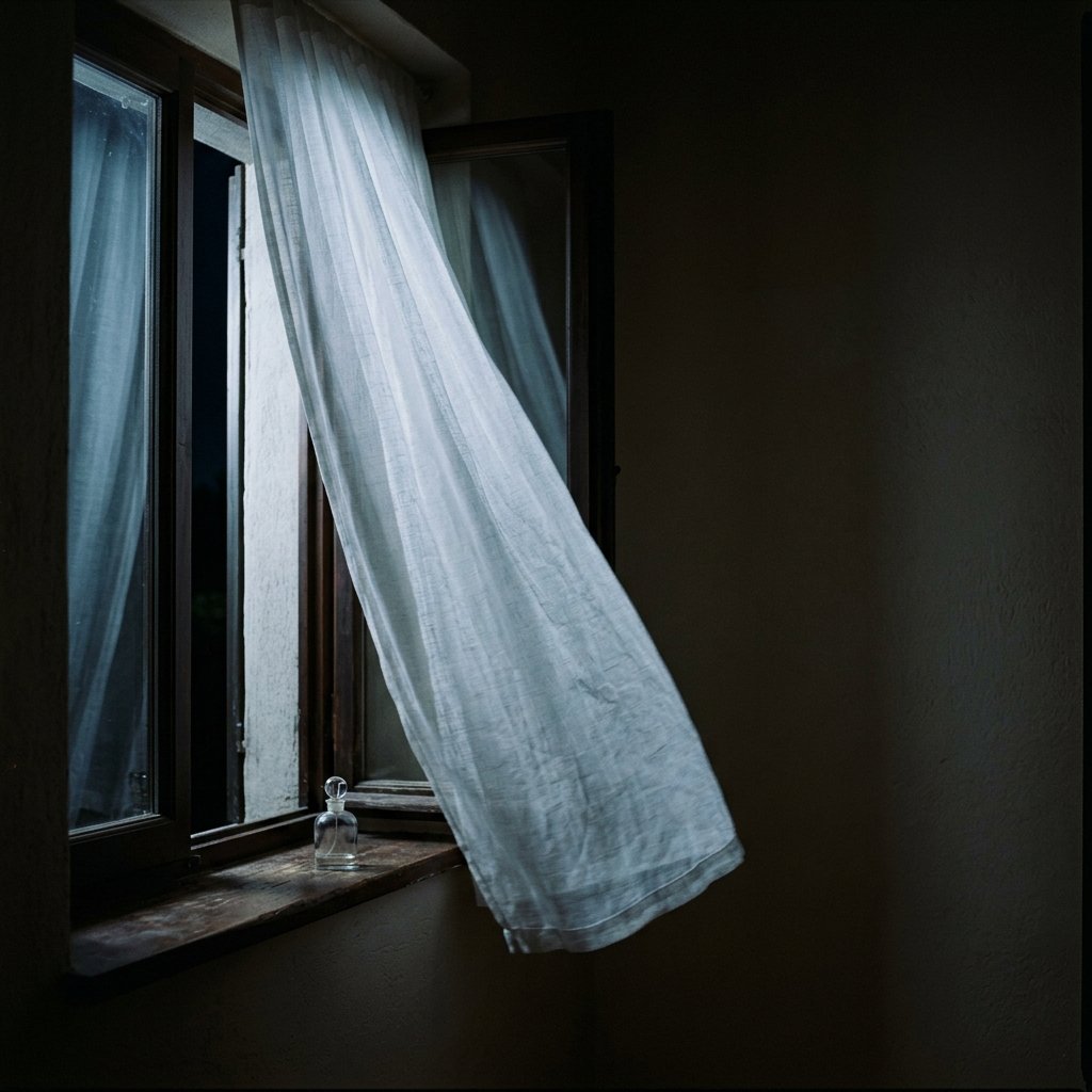 Soft evening light through a sheer curtain, warm amber glow, quiet interior